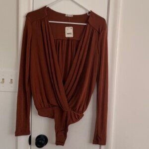 Free People Intimately Plunging Wrap Bodysuit Terra Cotta Red NWT Large